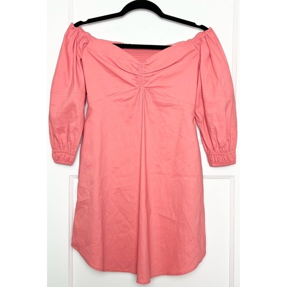 ALC Linen Off Shoulder Puff Sleeve Ruched Sweetheart Neck Smocked Babydoll Dress - Picture 5 of 10